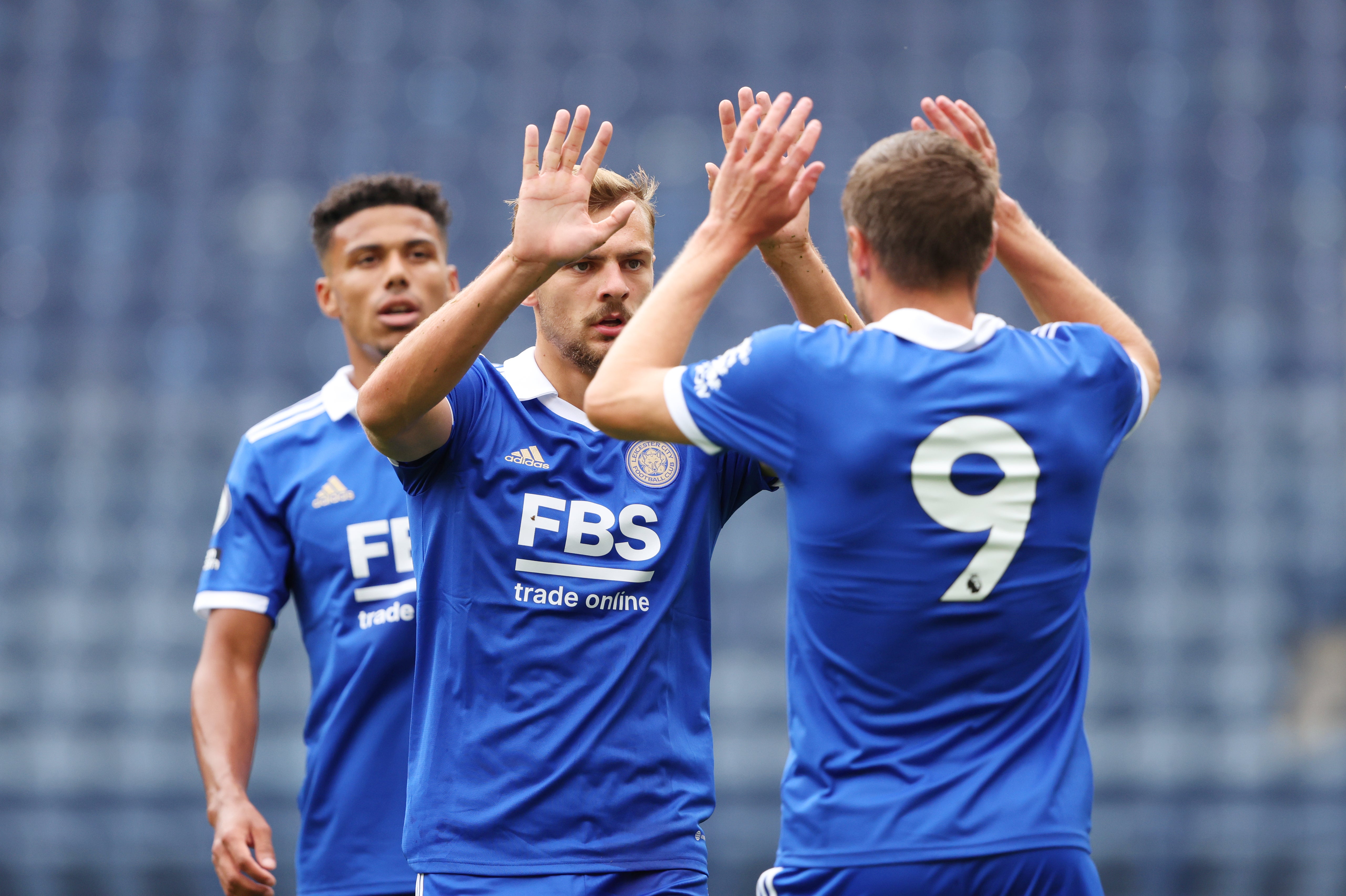 Kiernan Dewsbury-Hall celebrating in pre-season with Jamie Vardy