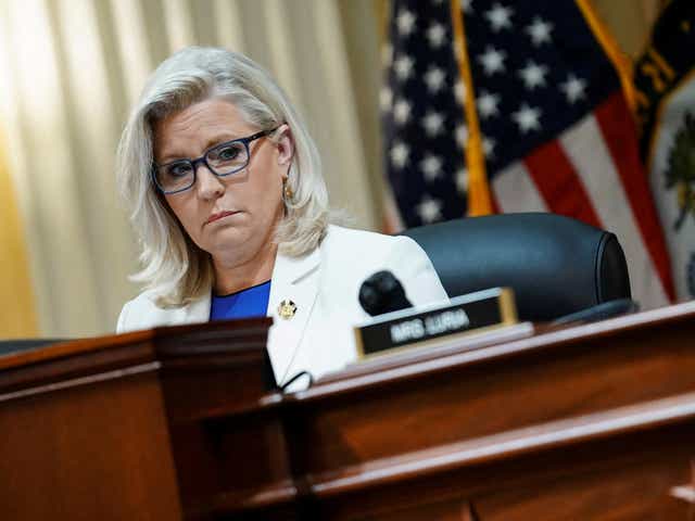 <p>Representative Liz Cheney looks on during a public hearing </p>