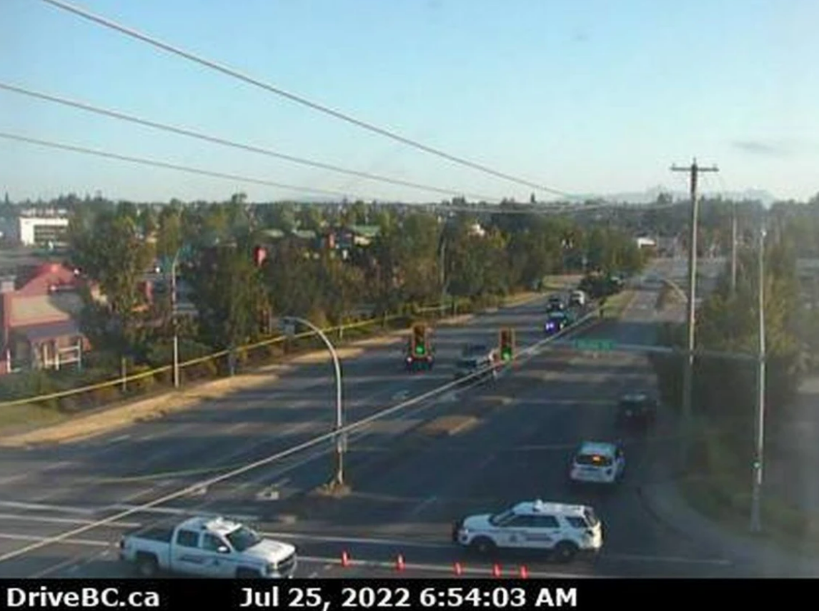 A highway cam of Highway 10 at 200th Street in Langley shows the roads closed down after RCMP issued an emergency alert early in the morning about multiple shooting scenes across Langley City’s downtown