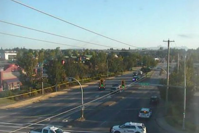 <p>A highway cam of Highway 10 at 200th Street in Langley shows the roads closed down after RCMP issued an emergency alert early in the morning about multiple shooting scenes across Langley City’s downtown</p>