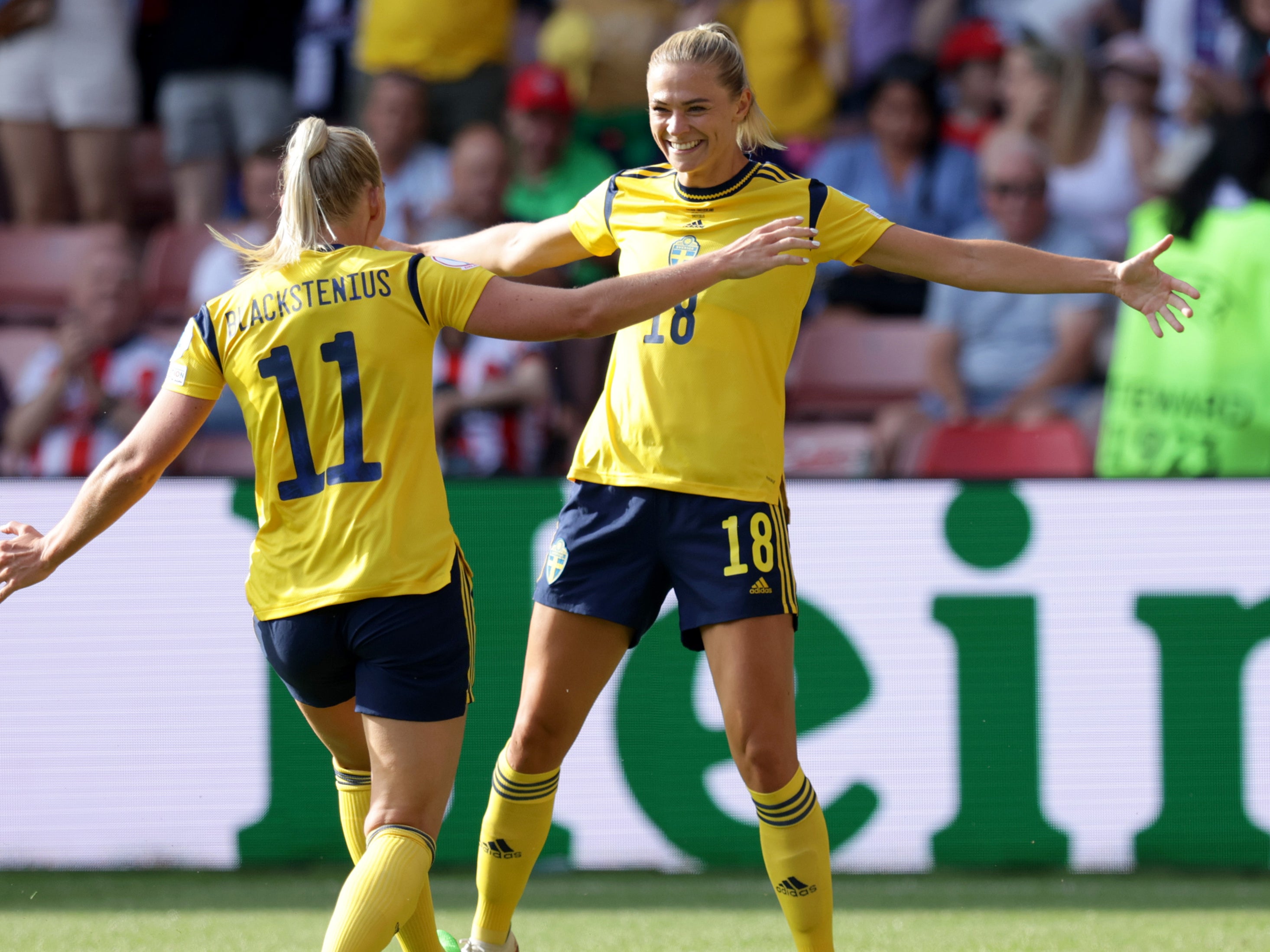 Sweden’s Fridolina Rolfo celebrates scoring in their group stage win over Switzerland