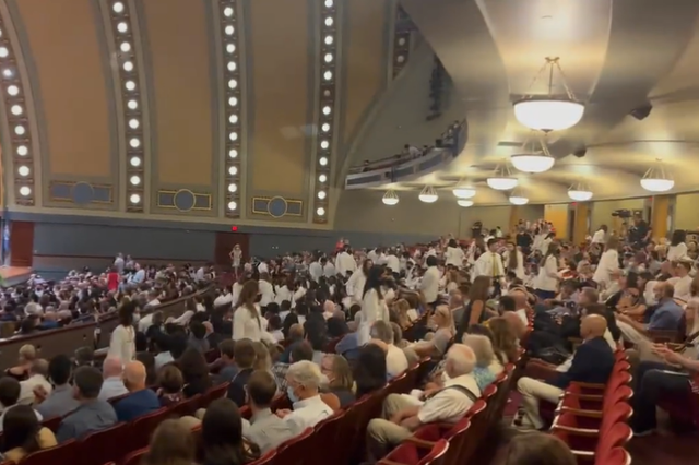 <p>Medical school students staged a walkout during the University of Michigan’s White Coat Ceremony on Sunday, 25 July 2022</p>