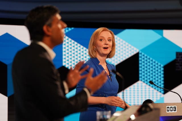 Rishi Sunak and Liz Truss taking part in the BBC Tory leadership debate (Jacob King/PA)