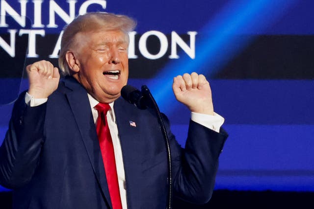 <p>Former U.S. President Donald Trump gestures as he speaks at the Turning Point USA's (TPUSA) Student Action Summit (SAS) in Tampa, Florida</p>