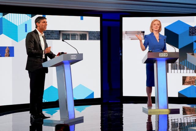<p>Blue-on-blue attack: Rishi Sunak and Liz Truss failed to dial down their acrimony in the debate </p>