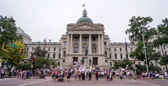 <p>File. Abortion-rights supporters and anti-abortion supporters gathered to protest during a special session, Monday, July 25, 2022, at the Indiana Statehouse in Indianapolis </p>