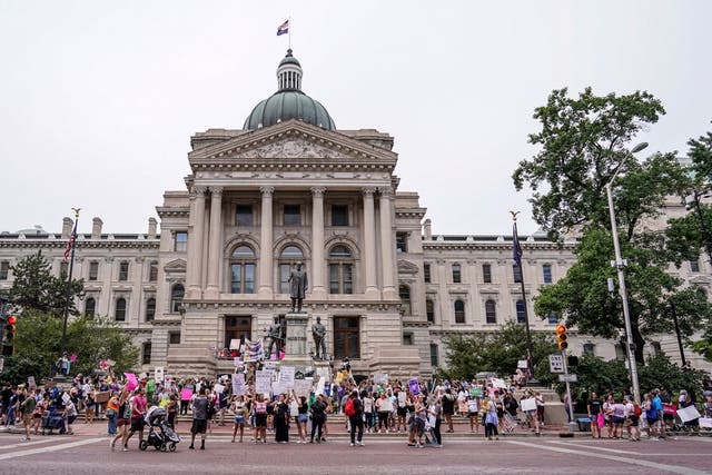 <p>File. Abortion-rights supporters and anti-abortion supporters gathered to protest during a special session, Monday, July 25, 2022, at the Indiana Statehouse in Indianapolis </p>