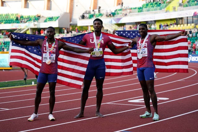 <p>Marvin Bracy-Williams (right) won a World Championship silver medal in 2022</p>