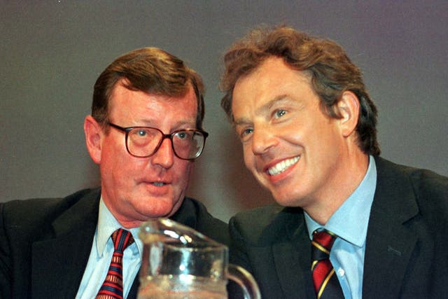Then Northern Ireland first minister David Trimble and British prime minister Tony Blair in 1998 during the Labour Party Conference at Blackpool (Fiona Hanson/PA)