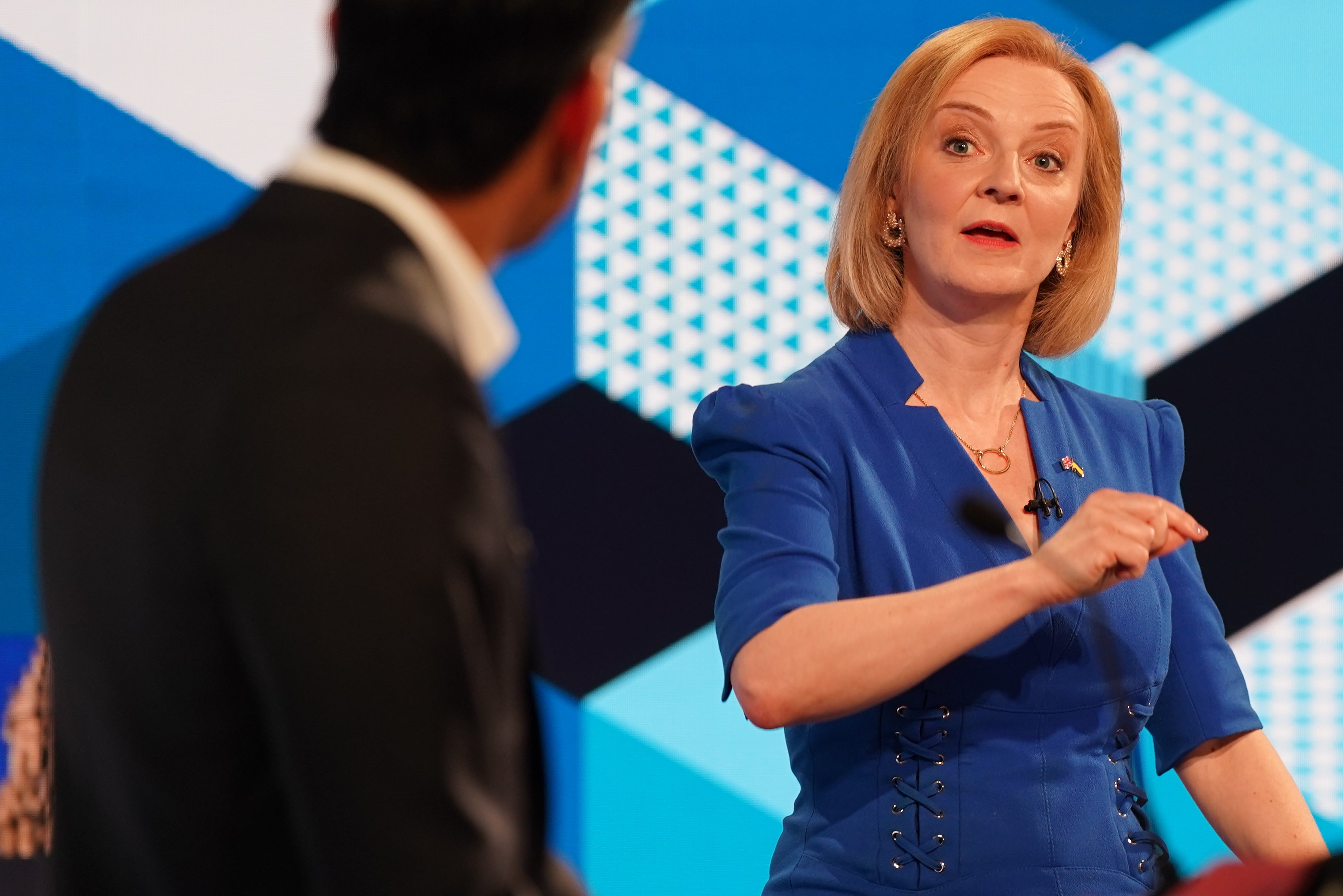 Rishi Sunak and Liz Truss taking part in the BBC Tory leadership debate, Our Next Prime Minister (Jacob King/PA).