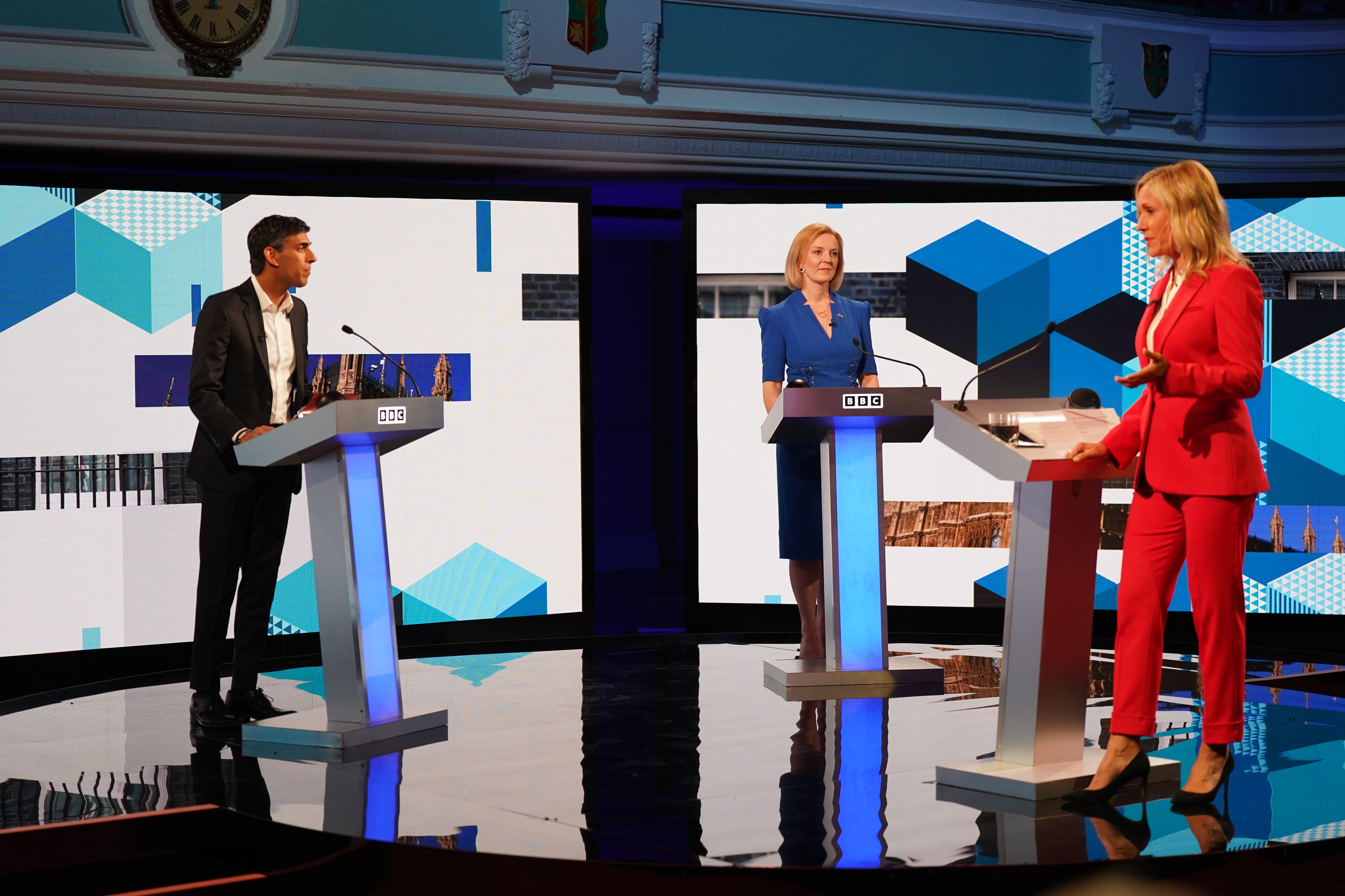 Rishi Sunak and Liz Truss taking part in the BBC Tory leadership debate (PA)