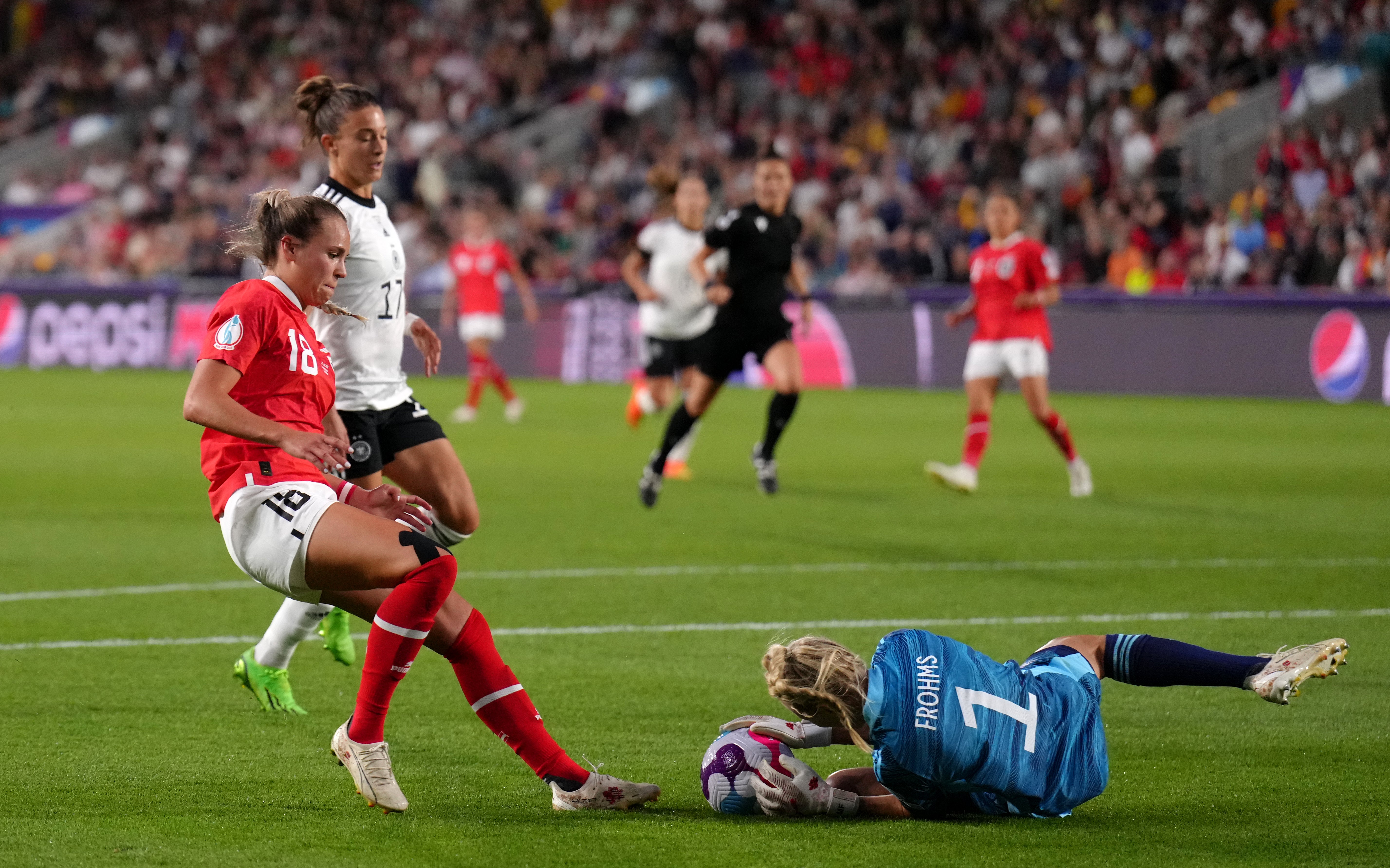 Merle Frohms, right, is yet to be beaten at Euro 2022 (John Walton/PA)