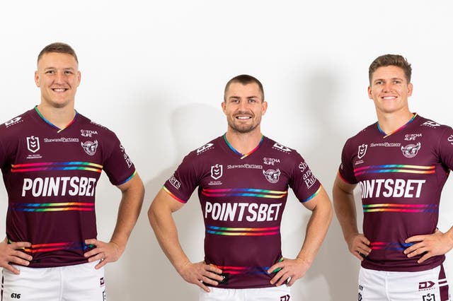 <p>The ‘Everyone in League’ jersey unveiled by the Manly Warringah Sea Eagles</p>
