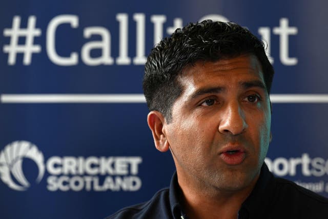 <p>Majid Haq speaks at a press conference at Stirling Court hotel</p>