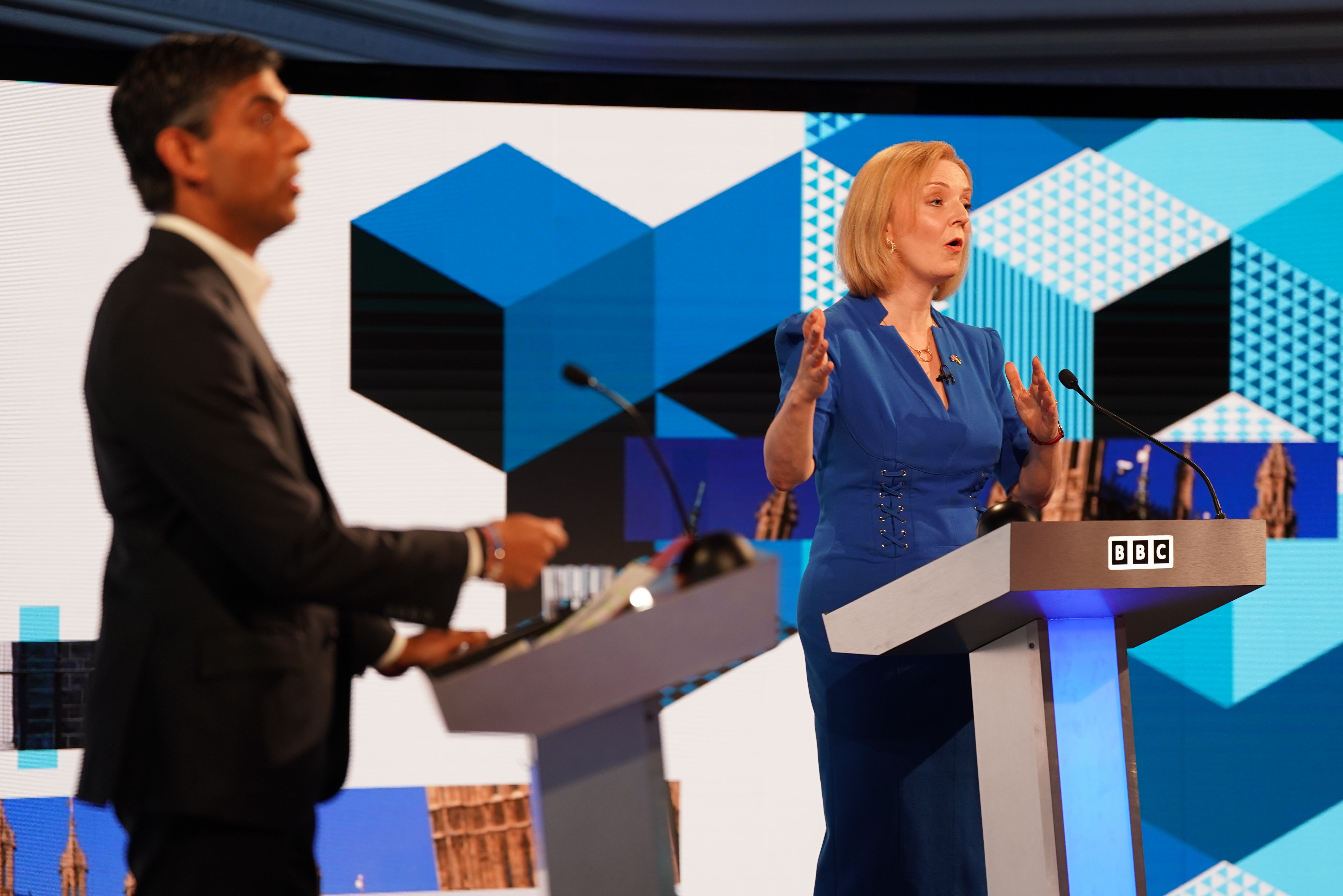 Rishi Sunak and Liz Truss taking part in the BBC Tory leadership debate live. Our Next Prime Minister, presented by Sophie Raworth, a head-to-head debate at Victoria Hall in Hanley, Stoke-on-Trent, between the Conservative party leadership candidates (Jacob King/PA)