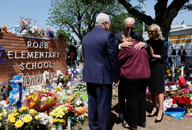 <p>President Joe Biden hugs Mandy Gutierrez, Principal at Robb Elementary School</p>