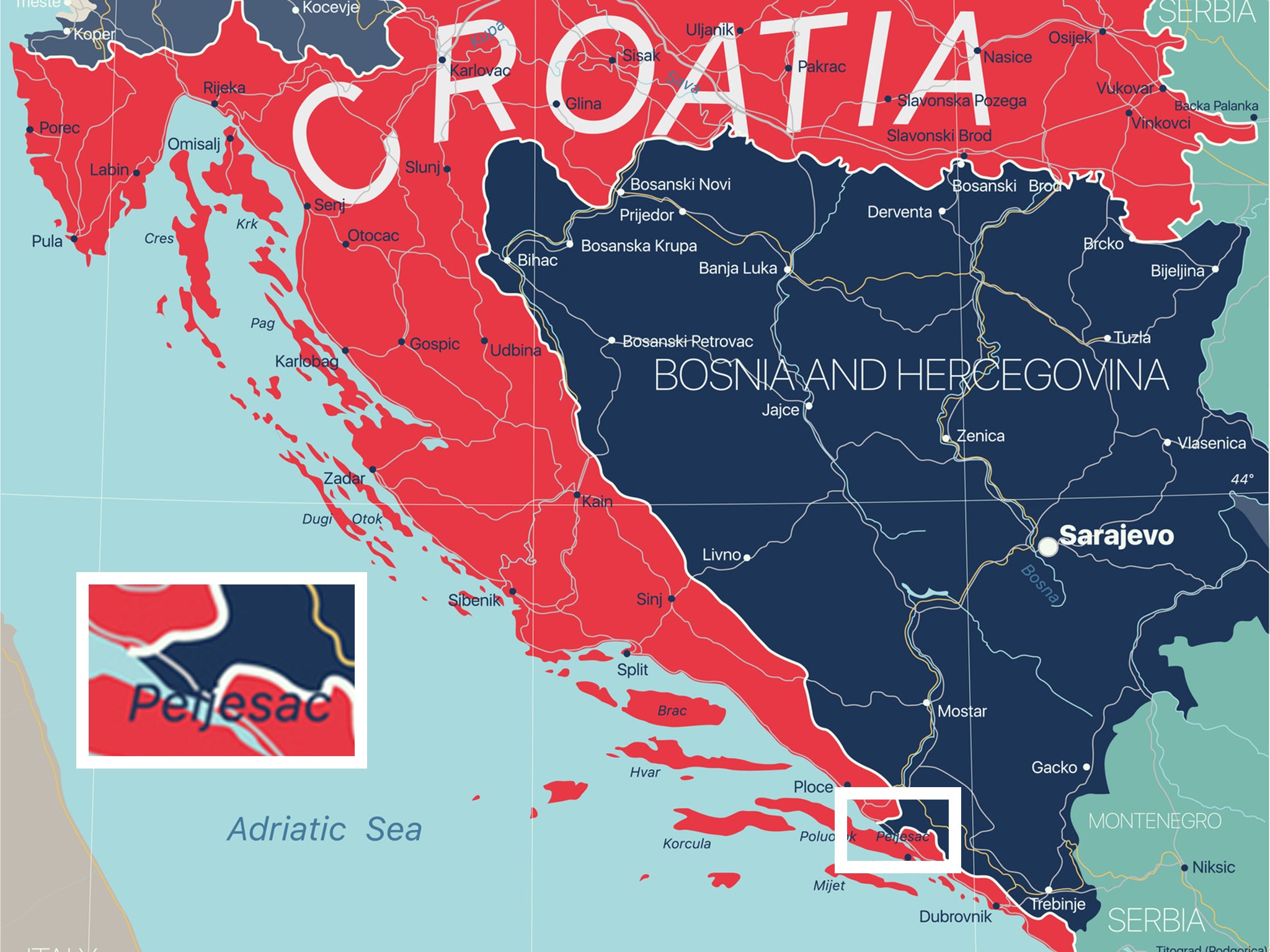 Map shows Croatia and Bosnia, with inset highlighting the latter’s coastline