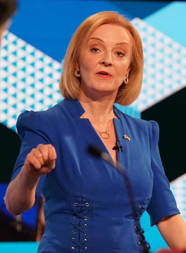 Liz Truss taking part in the BBC Tory leadership debate live (PA/Jacob King)