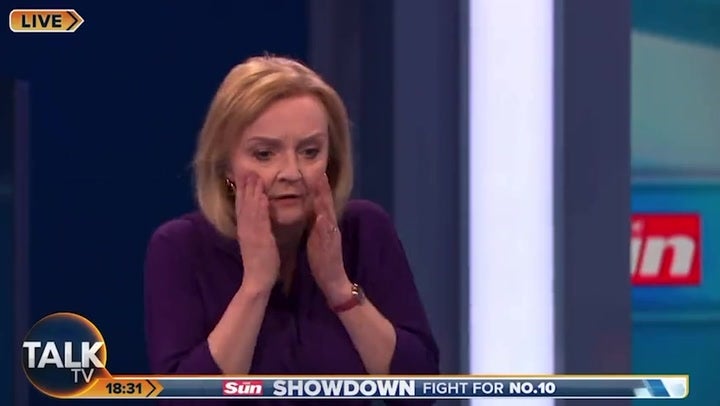 Conservative leadership candidate Liz Truss reacts with shock to an incident in the TalkTV studio