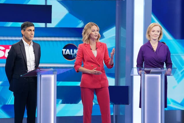 Liz Truss and Rushi Sunak with host TalkTV Political Editor Kate McCann at TalkTV’s Ealing Studios (PA/Dominic Lipinski)