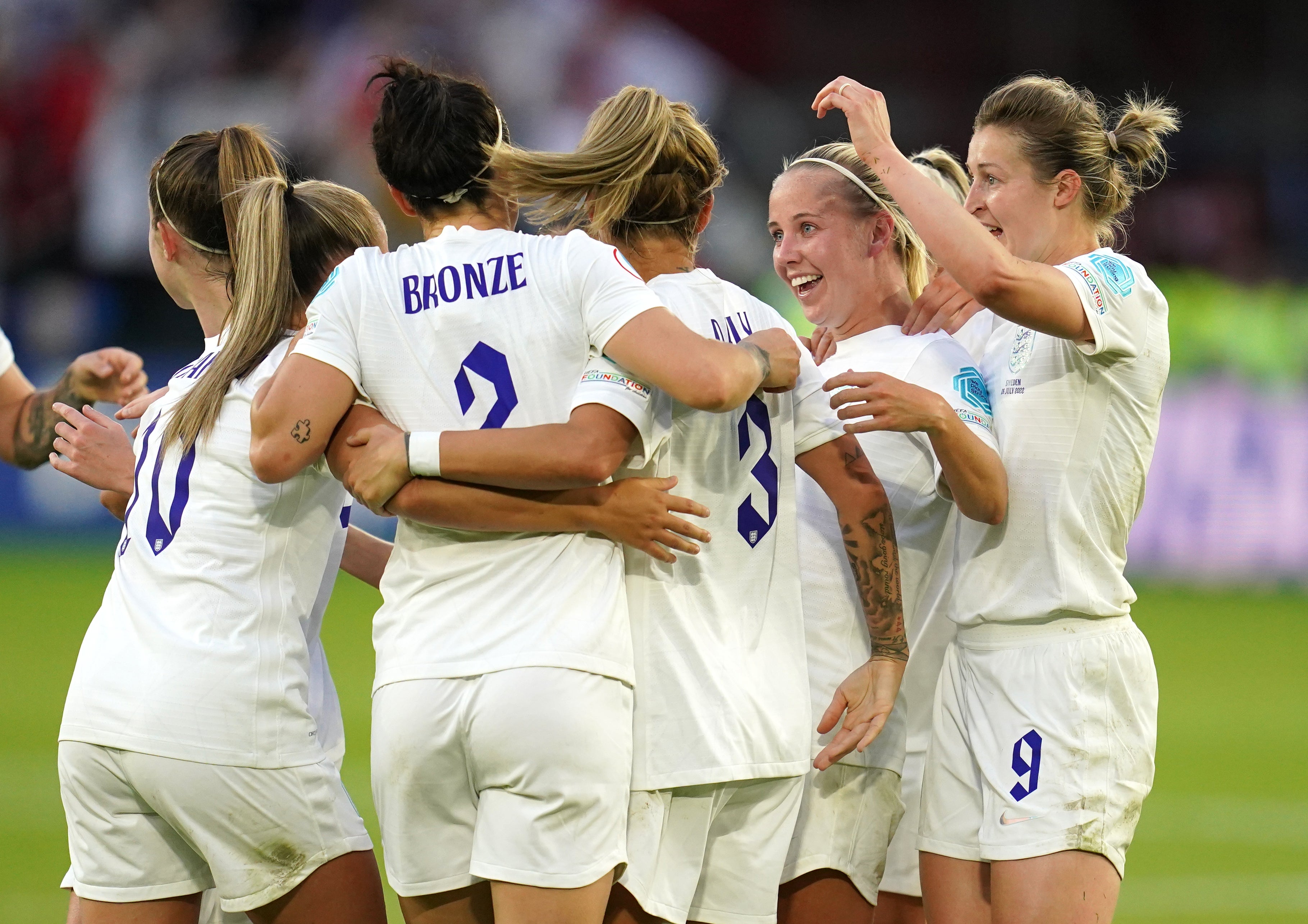 Mobbed: Beth Mead (second right) gets the plaudits after scoring