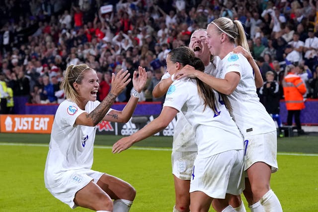 <p>England players celebrate after team-mate Fran Kirby scores the fourth goal (Danny Lawson/PA)</p>