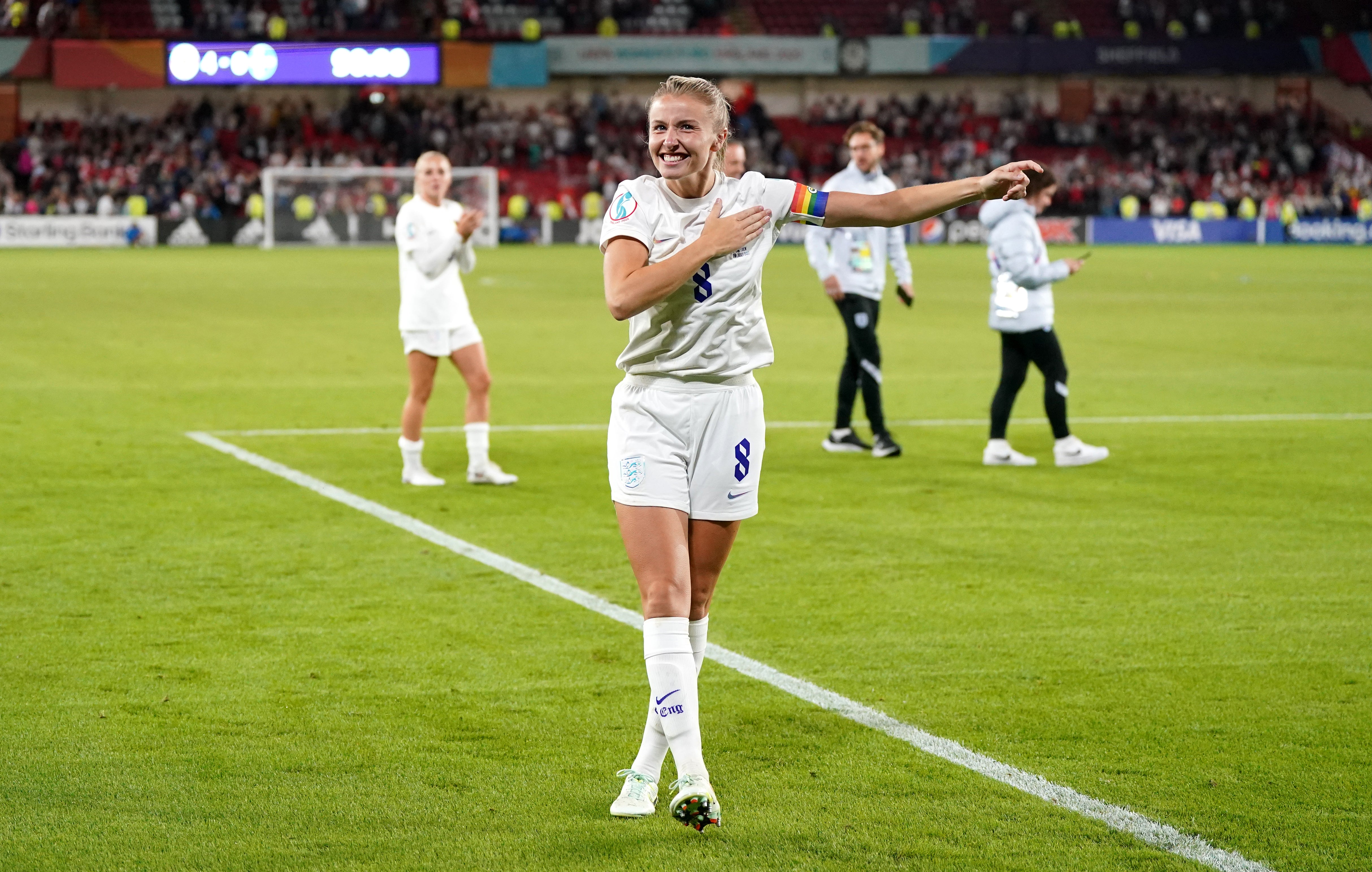England’s Leah Williamson celebrates (Danny LAwson/PA)