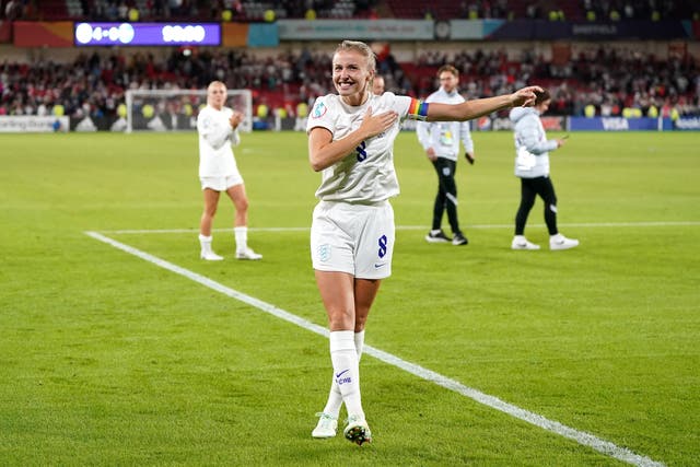 England’s Leah Williamson celebrates (Danny LAwson/PA)