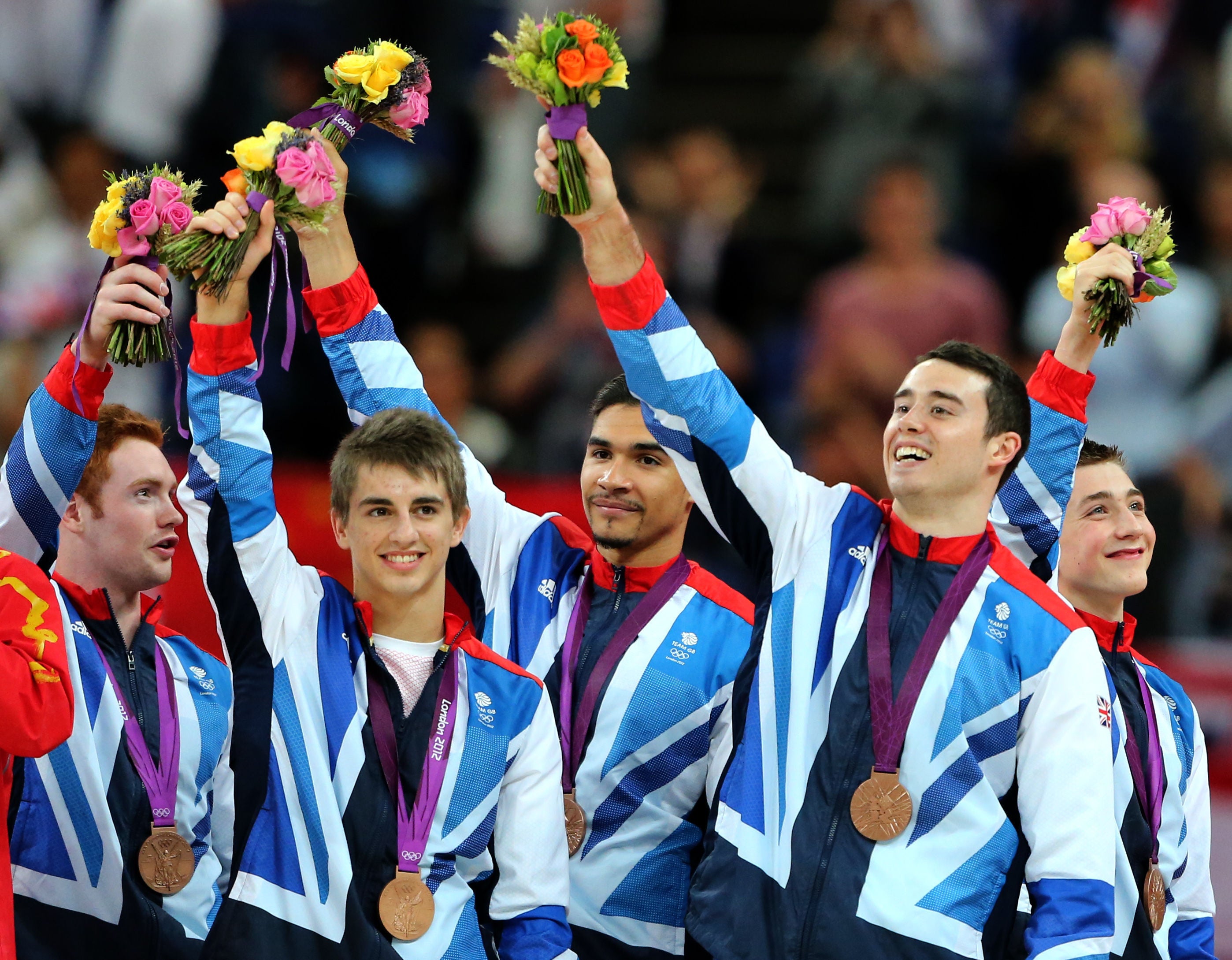 Daniel Purvis (left to right), Max Whitlock, Louis Smith, Kristian Thomas and Sam Oldham won bronze in the gymnastics team final (Andrew Milligan/PA)