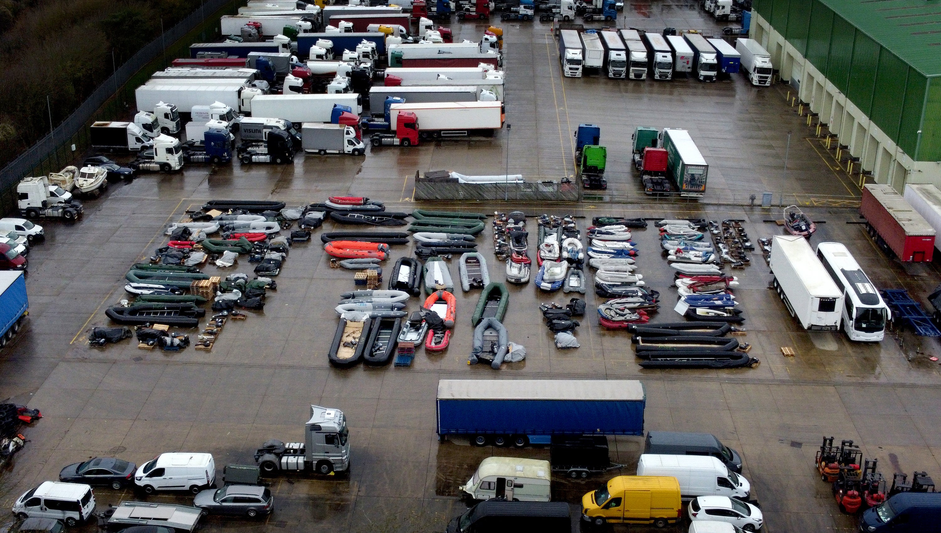 A view of boats used by people thought to be migrants are stored at a storage facility near Dover in Kent