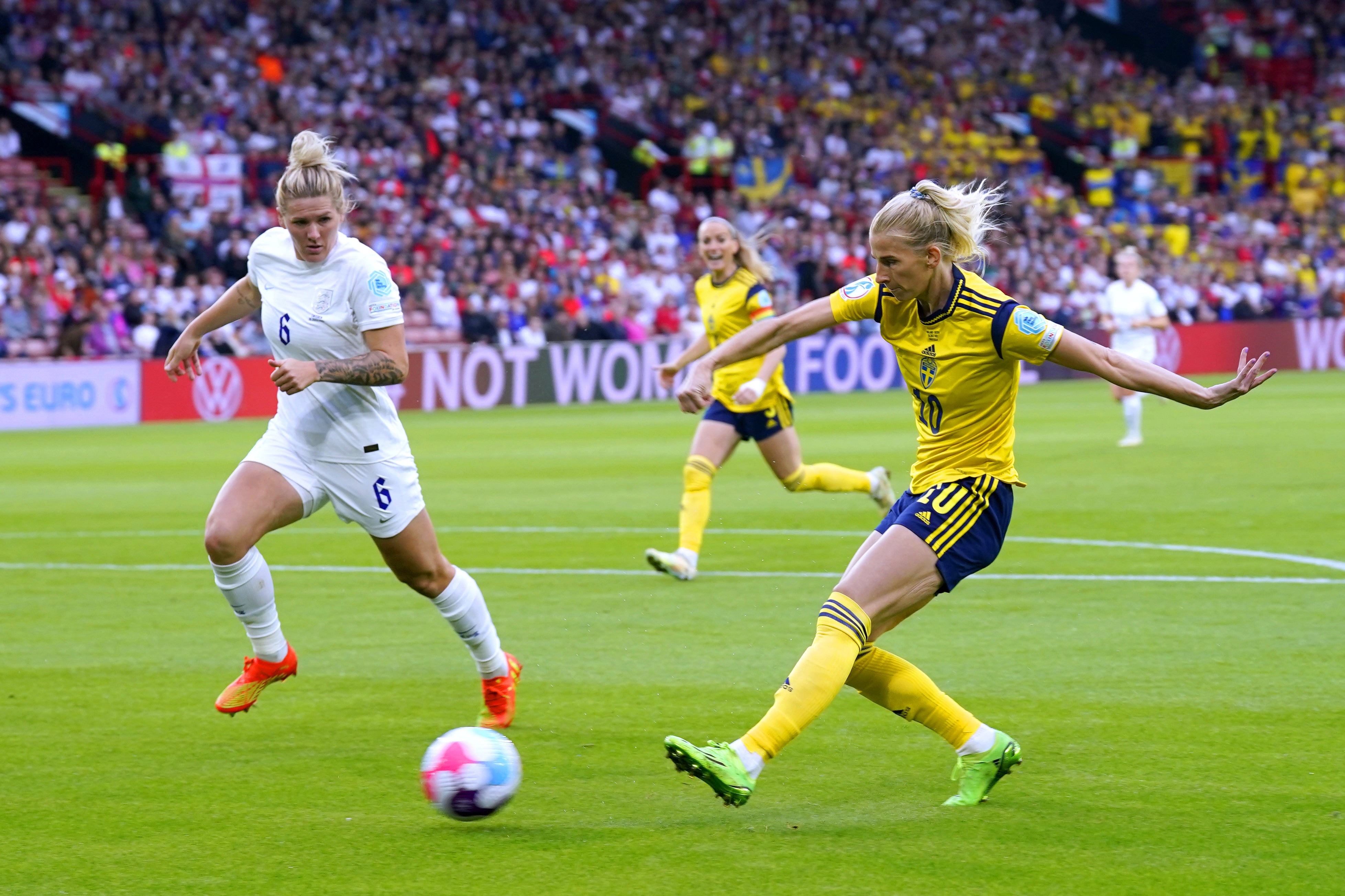 Millie Bright, left, was susceptible to balls in behind during the early stages against Sweden (Danny Lawson/PA)