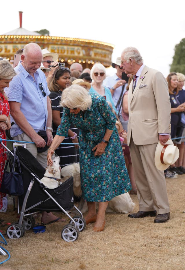 The Duchess of Cornwall stokes Dill, a Jack Russell terrier, as she meets members of the public with the Prince of Wales during their visit and tour of the Sandringham Flower Show (Joe Giddens/ PA)