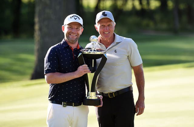 <p>Brandon Grace, the winner of LIV Golf’s second event, and its CEO Greg Norman </p>