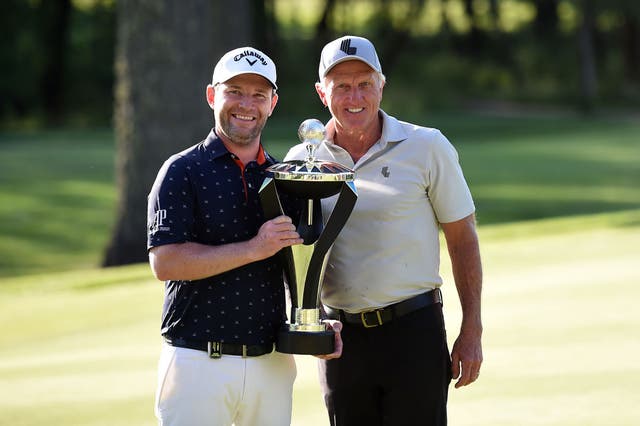 <p>Brandon Grace, the winner of LIV Golf’s second event, and its CEO Greg Norman </p>