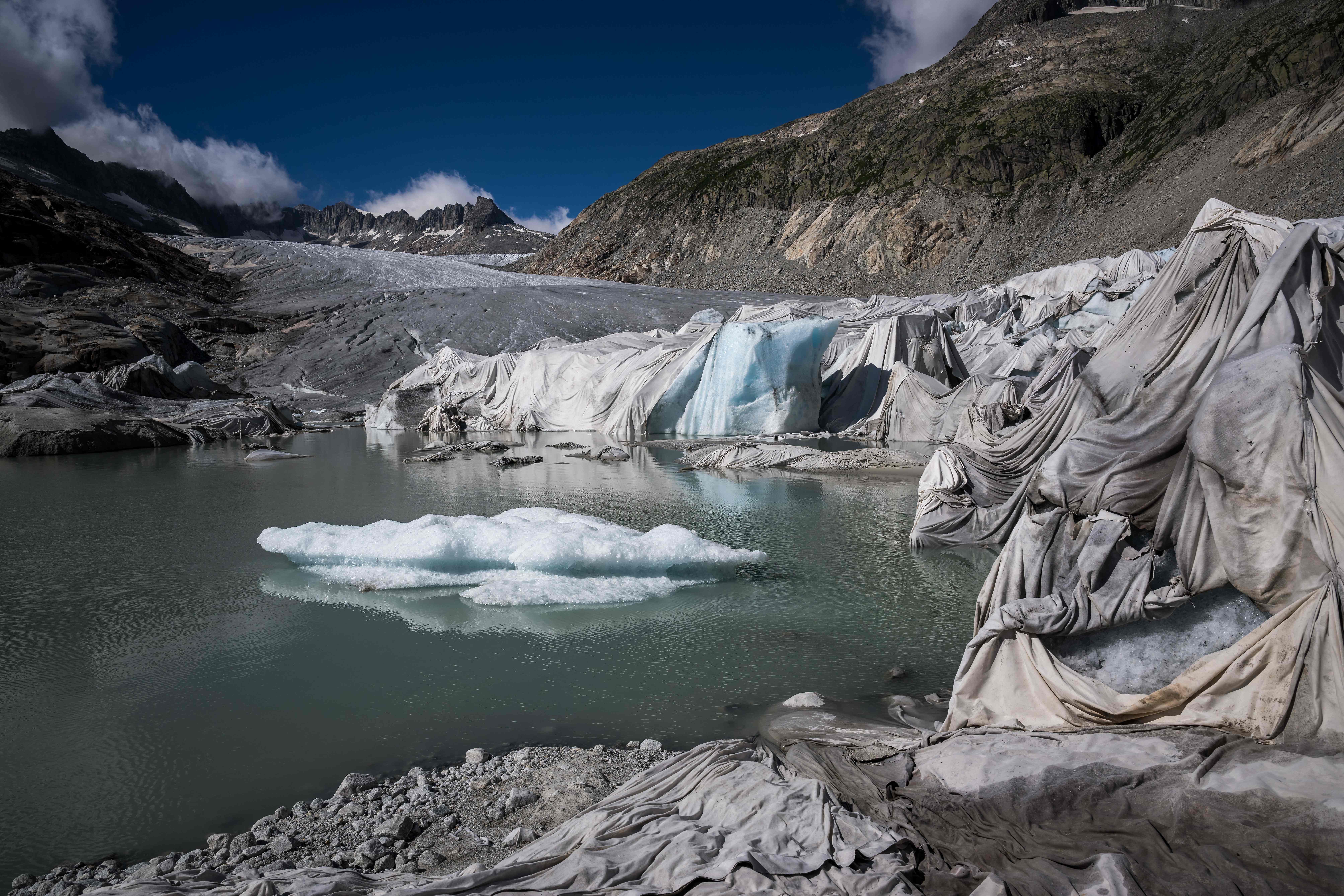 Insulating foam covering a part of Switzerland’s Rhone Glacier to prevent it from melting