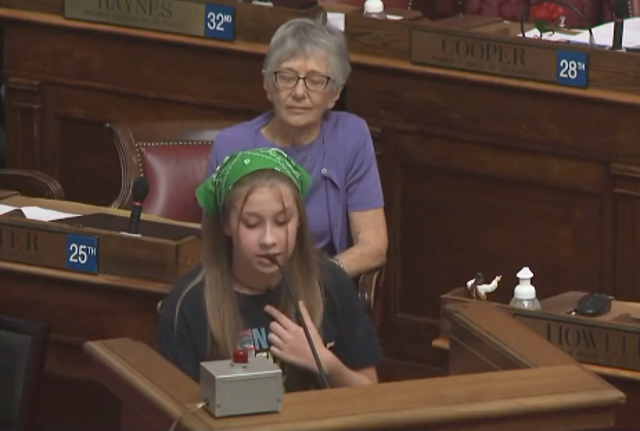 <p>Twelve-year-old Addison Gardner testifies before the West Virginia legislature on 27 July, 2022</p>