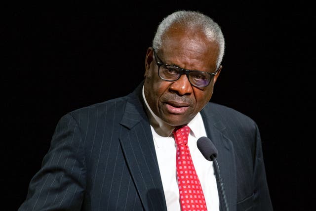 <p>File: Supreme Court Justice Clarence Thomas speaks at the University of Notre Dame in South Bend, Indiana, on 16 September 2021 </p>
