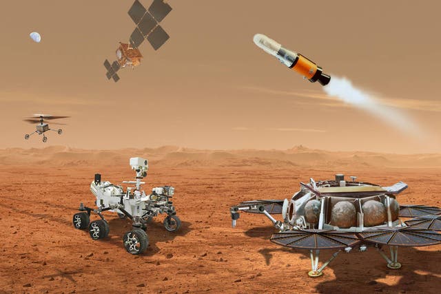 <p>Illustration shows a concept for multiple robots that would team up to ferry to Earth samples collected from the Mars surface by Nasa’s Mars Perseverance rover</p>