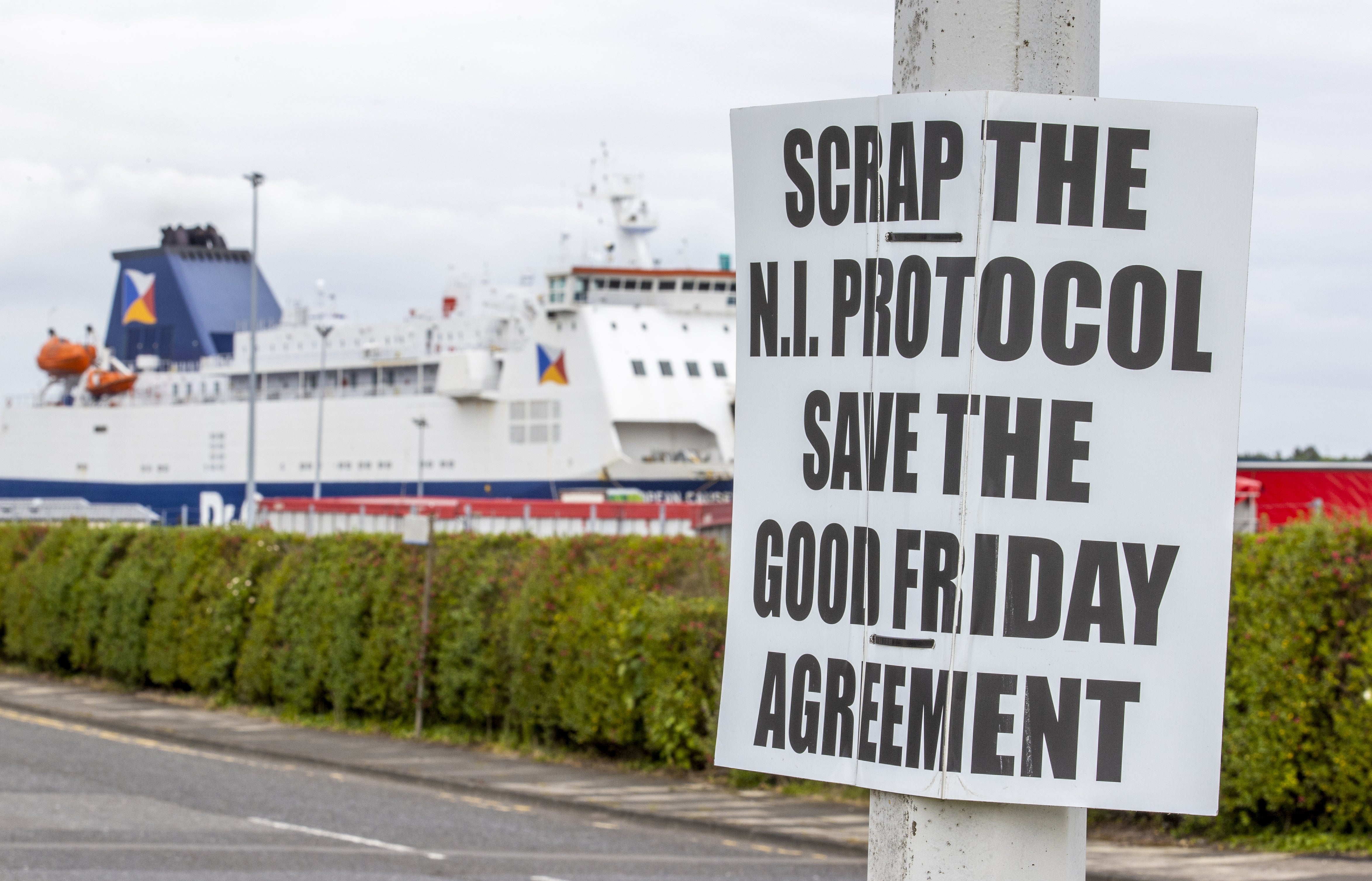 An anti-Northern Ireland Protocol sign close to Larne Port (PA)