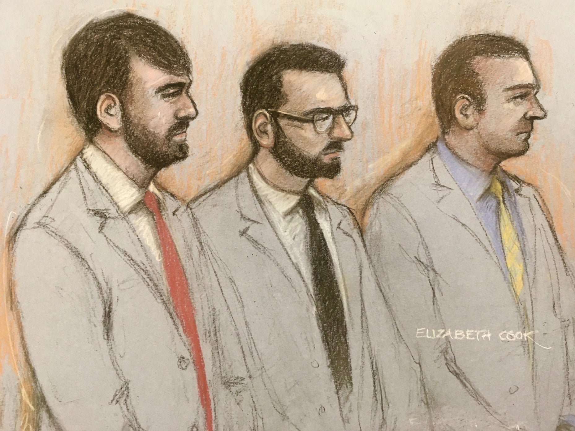 Court artist sketch of (left to right) William Neville, Jonathan Cobban and former police officer Joel Borders