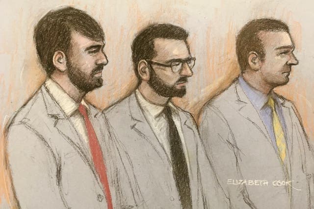 <p>Court artist sketch of serving Metropolitan police officers  William Neville and Jonathon Cobban, along with former police officer Joel Borders, appearing in the dock at Westminster Magistrates’ Court </p>