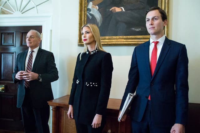<p>White House Senior Advisor Jared Kushner (R), First daughter Ivanka Trump (C) and White House Chief of Staff John Kelly (L) attend a meeting held by US President Donald J. Trump</p>