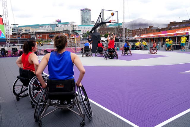 The Canada team during a 3×3 Wheelchair Basketball practice session at the Smithfield site ahead of the Commonwealth Games. Picture date: Wednesday July 27, 2022 (PA)