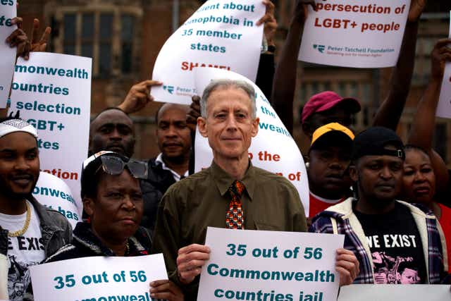 Campaigner Peter Tatchell during a LGBT+ protest at Aston Hall ahead of the Commonwealth Games in Birmingham (PA)