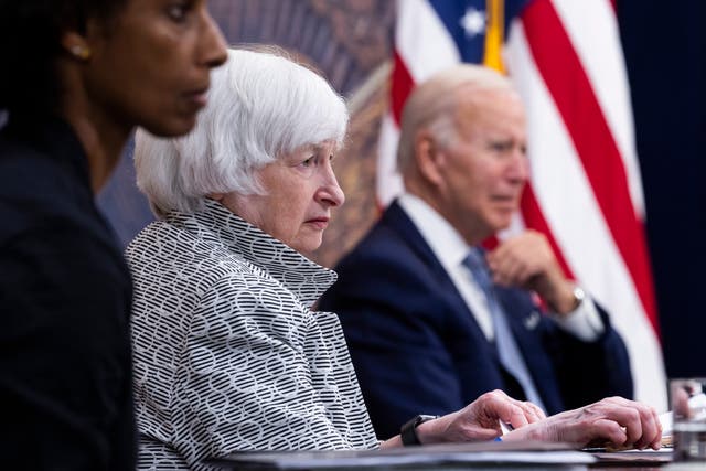 <p>US Treasury Secretary Janet Yellen (C) and President Joe Biden (R) speak with CEOs on the economy in the Eisenhower Executive Office Building in Washington, DC, USA, 28 July 2022</p>