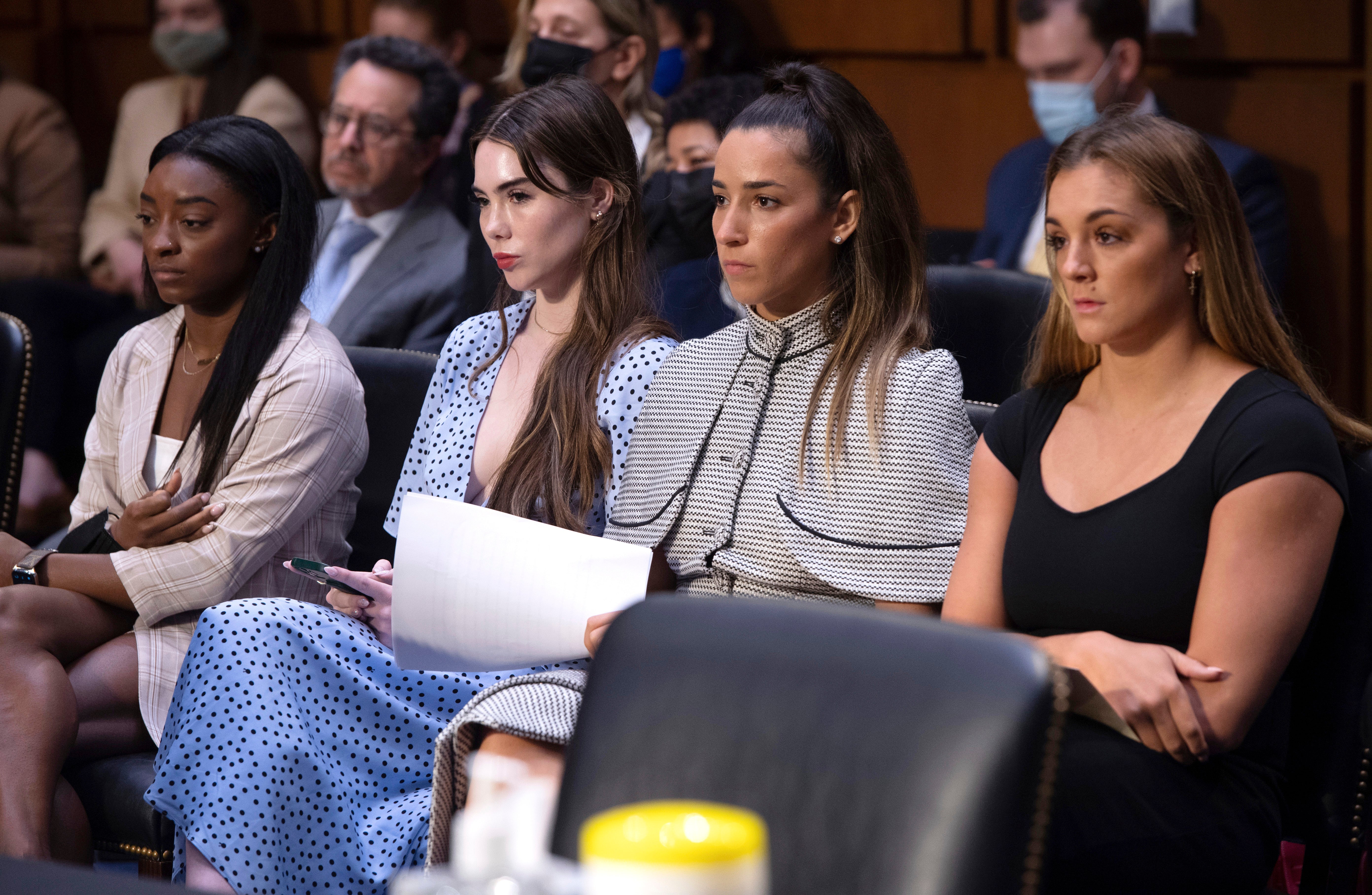 US gymnasts from left, Simone Biles, McKayla Maroney, Aly Raisman and Maggie Nichols, arrive to testify about abuse they suffered at hands of Nassar