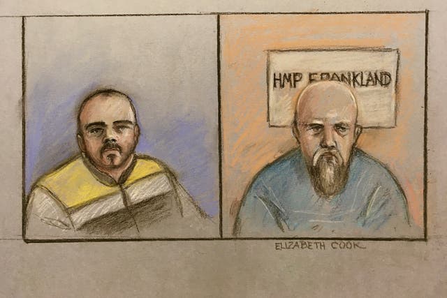 Court artist sketch by Elizabeth Cook of Jordan Monaghan (left) and Wayne Couzens as they view, via videolink, a hearing at the High Court in London (PA)