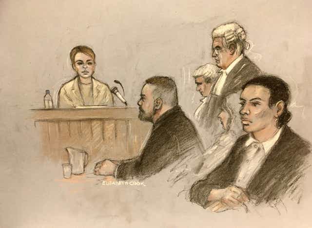 Court artist sketch by Elizabeth Cook of Coleen Rooney, watched by her husband Wayne, as she gives evidence at the Royal Courts Of Justice, London, during the high-profile libel battle between herself and Rebekah Vardy. Picture date: Friday May 13, 2022 (PA)