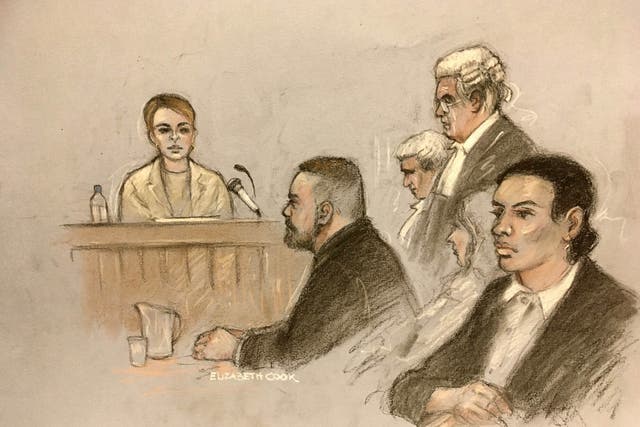 Court artist sketch by Elizabeth Cook of Coleen Rooney, watched by her husband Wayne, as she gives evidence at the Royal Courts Of Justice, London, during the high-profile libel battle between herself and Rebekah Vardy. Picture date: Friday May 13, 2022 (PA)