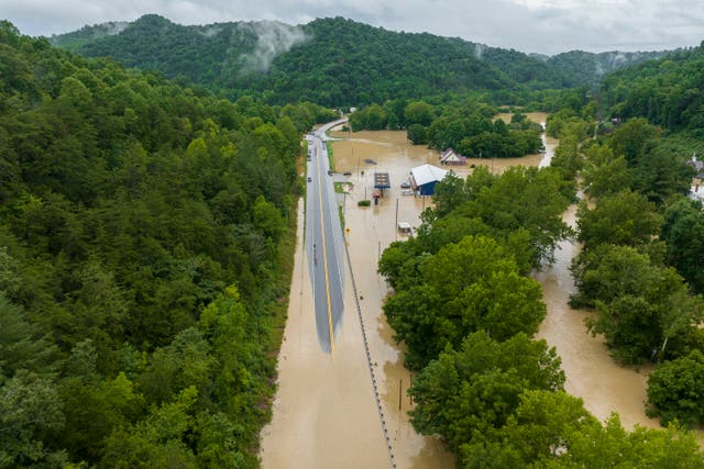 <p>Buildings and roads flooded near Lost Creek, Kentucky</p>